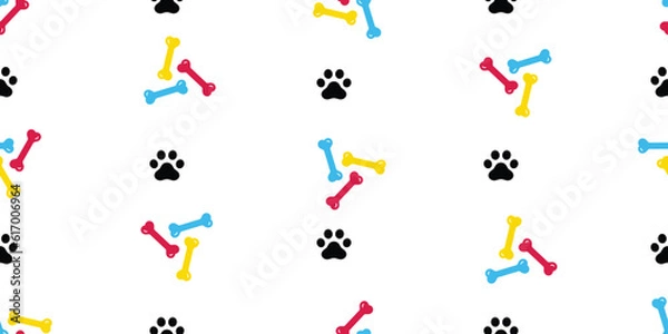 Fototapeta dog bone seamless pattern puppy paw footprint rgb cmyk pet cat french bulldog vector cartoon doodle gift wrapping paper tile background repeat wallpaper scarf isolated illustration design