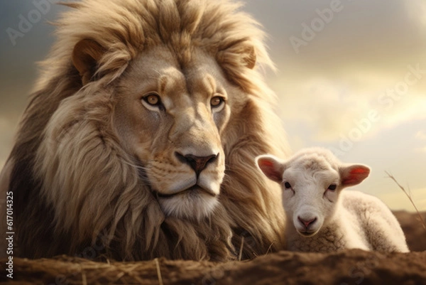 Fototapeta Lion and lamb lie together in nature. AI generative.