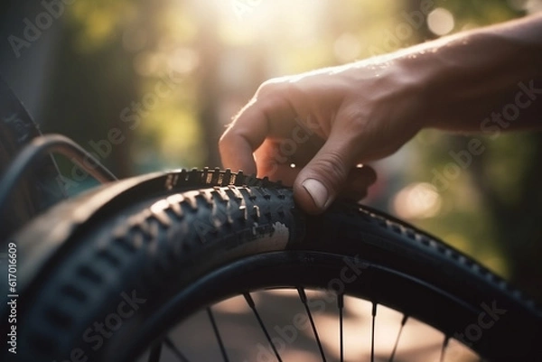Fototapeta Close-up of hands expertly repairing a bicycle tire on a sunny summer afternoon, a symbol of an active summer lifestyle and self-sufficiency.