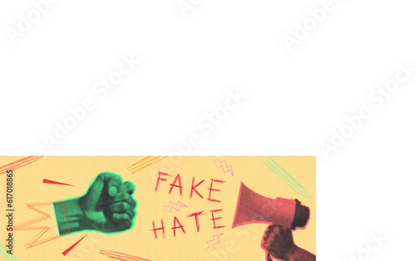 Obraz Fake news, hate trendy vintage collage conception with halftone fist,
