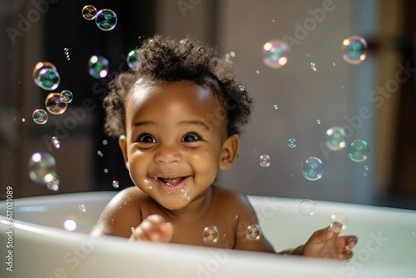 Fototapeta An african american infant bathing. A laughing happy black-skinned baby splashing happily in a bathtub, surrounded by bubbles and bath toys. Generative AI.