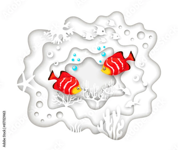 Fototapeta Tropical fish and white sea paper cut landscape with seaweeds and corals. 3d vector mesmerizing underwater scene, capturing the vibrant colors and intricate details of marine life inside of wavy frame