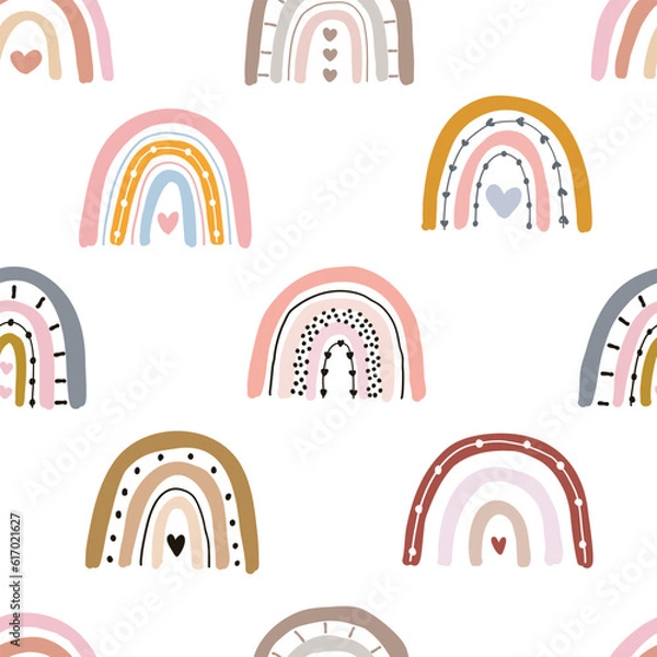 Obraz cartoon, rainbow, cute, hand-drawn, flat style, seamless pattern, background, illustration, fun, playful, childish, character, colorful, joyful, happy, whimsical, animals, children, fantasy, nature, v