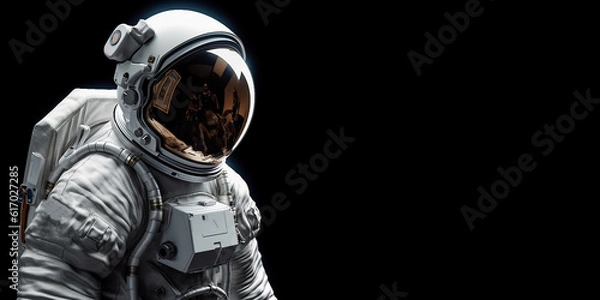 Fototapeta Cosmonaut or astronaut in a spacesuit, close-up and on an isolated black background. Generative AI