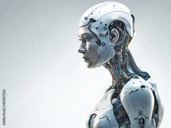 Fototapeta The face of a humanoid robot on an isolated background and close-up. Generative AI