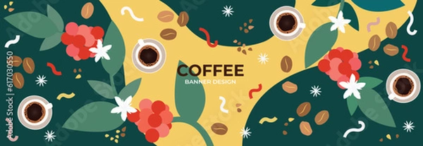 Fototapeta Coffee design banner template. Vector abstract colorful drawing of coffee tree, coffee cup and coffee beans with abstract elements.