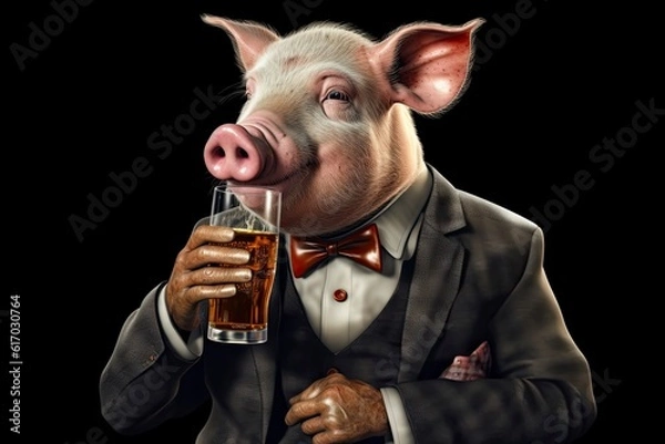 Obraz An illustration of a pig in a suit drink beer from glass  against a black background, creating a contrast between elegance and unconventionality. Generative Ai. 