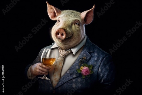 Obraz An illustration of a pig in a suit holding a glass of beer against a black background, creating a contrast between elegance and unconventionality. Generative Ai. 
