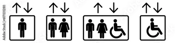 Obraz Elevator lift icon man, woman, invalid and arrows up down icons set. Elevator, lift icons. Exit icon