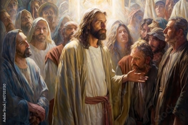 Fototapeta Painting of Jesus together with the disciples and the crowd in prayer to the Father Generative AI Illustration