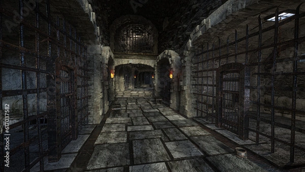 Fototapeta Medieval castle tunnel with dungeon cells lit by torch flame. 3D rendering.