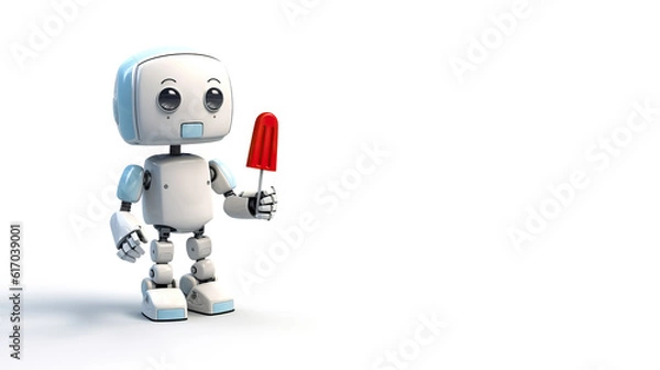 Fototapeta Robot eating ice cream solid white background, generative AI