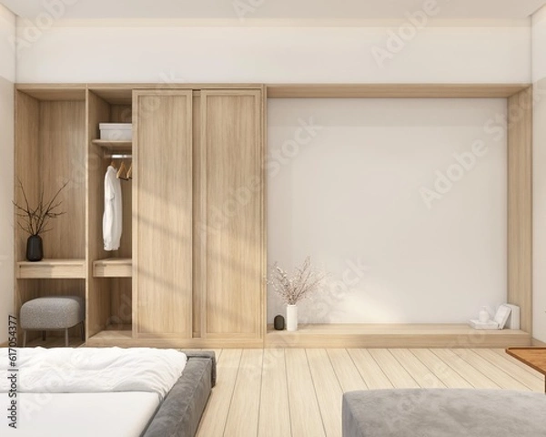 Fototapeta Modern japan style tiny room decorated with wood wardrobe and dressing table, Built-in TV shelf and white wall. 3d rendering