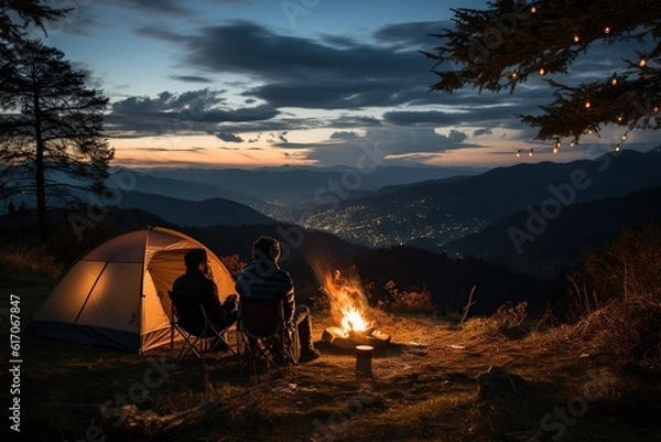 Obraz Two people camping outdoors, sitting next to a tent, a campfire burning beside them, rolling mountains and forests in the distance,Generative AI