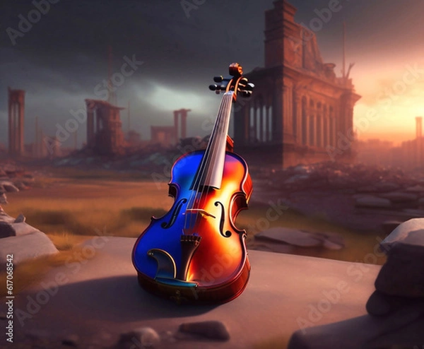 Fototapeta Violin on the background of the ruined city. Musical instrument against the background of stones and buildings. Generative, AI, Generative AI