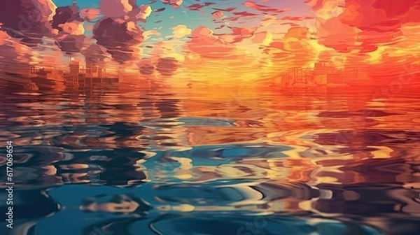 Fototapeta A dreamy water reflection with ripples creating a distorted abstract pattern. Colorful illustration art. Generative AI