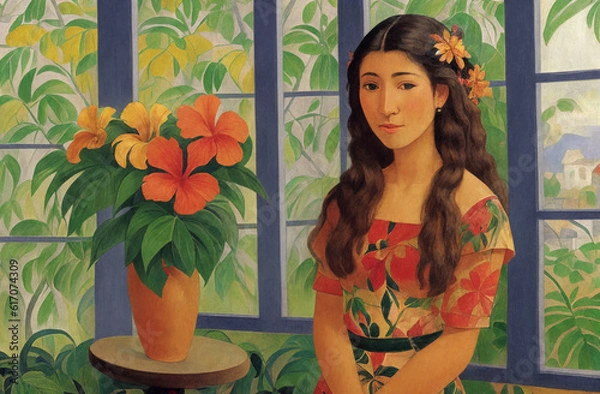Fototapeta Decorative painting illustration with hawaiian woman in a floral dress, with a hawaiian hibiscus flower in her hair, sitting near the window to the garden. Generative AI