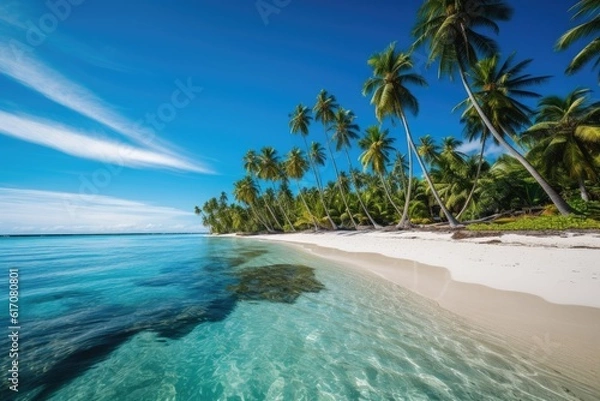Fototapeta Summer landscape, palm trees and blue calm sea. Generative AI