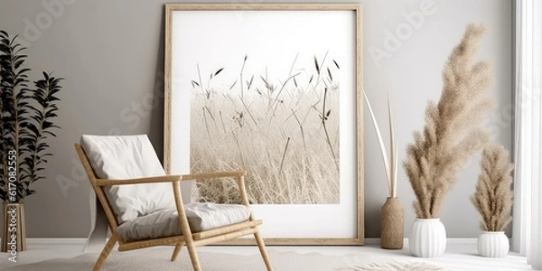 Fototapeta Boho beige interior mockup with armchair, empty frame for text, dry reeds, cane, pampas grass in pot. Vintage cozy apartment scene with furniture. Template for banner. Generative ai
