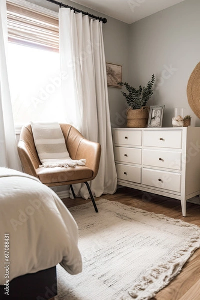 Fototapeta a tan leather chair, dresser, bed, blankets, pillows, and a small rug in a bedroom, in the style of modern minimalist, ai generative
