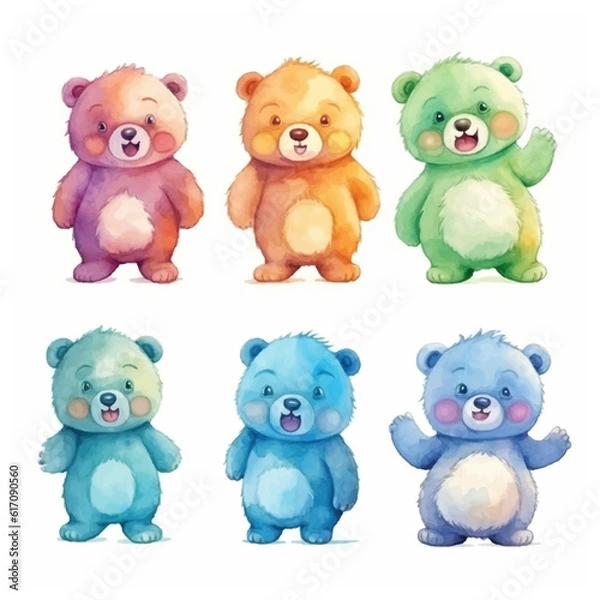 Fototapeta A set of watercolor bears with a white background