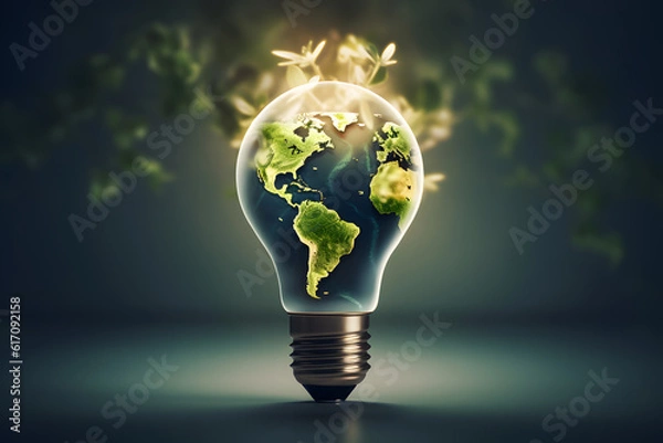 Fototapeta Sustainable Innovation: Light Bulb with Green Earth Map - Generative AI