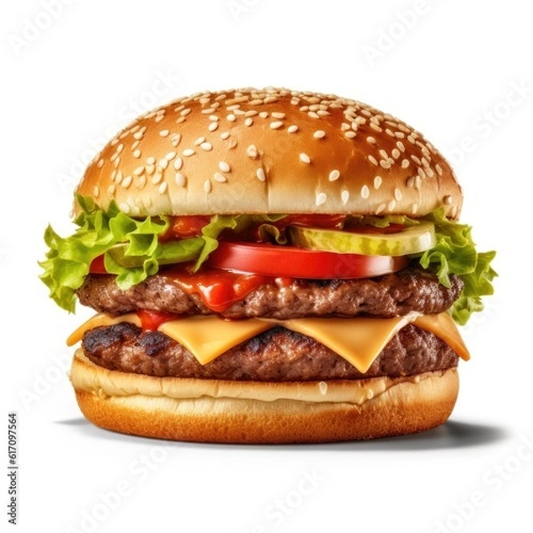 Fototapeta Fresh tasty burger isolated on white background. Generative AI