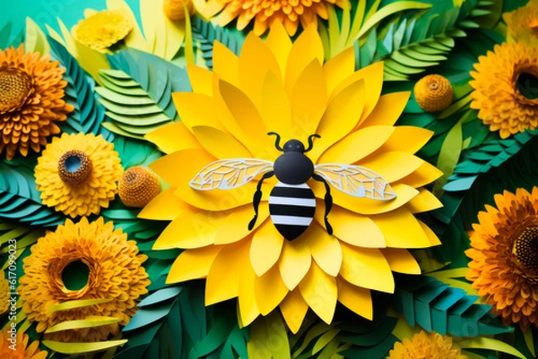 Obraz Floral Harmony: A Paper-Cut Sunflower with a Honeybee, Promoting Sustainable Agriculture and Pollinator Protection. Generative AI Art Illustration	