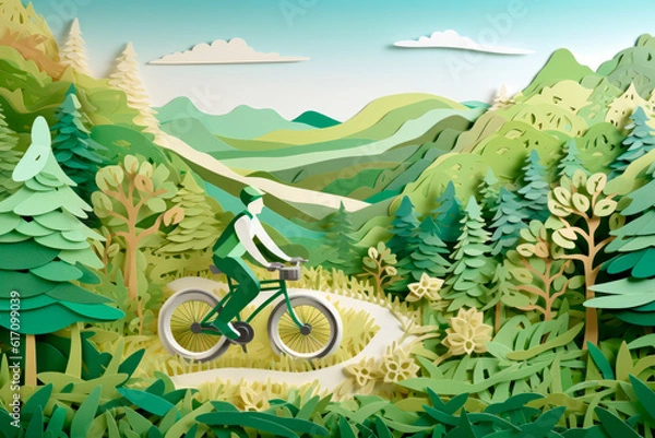 Obraz Pedaling Towards a Greener Future: A Paper-Cut Image of a Cyclist Amidst a Green Landscape. Generative AI Art Illustration	