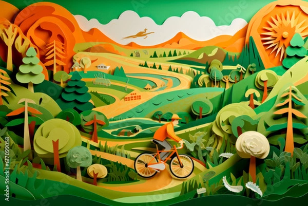 Obraz Green Wheels in Motion: A Paper-Cut Illustration of a Cyclist Embracing Eco-Friendly Transportation. Generative AI Art Illustration	