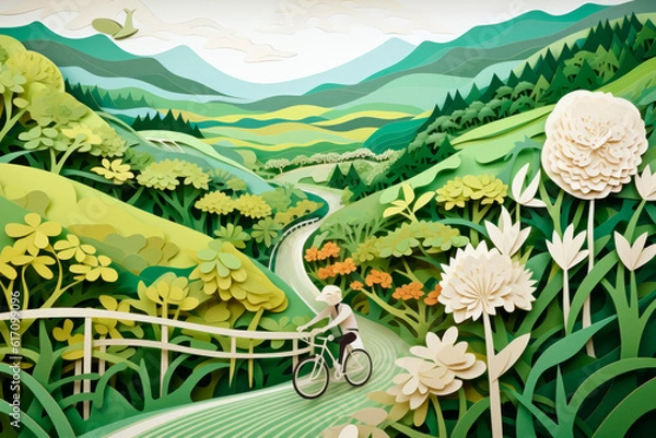 Fototapeta Riding the Green Path: A Paper-Cut Depiction of a Cyclist Promoting Sustainable Mobility. Generative AI Art Illustration	