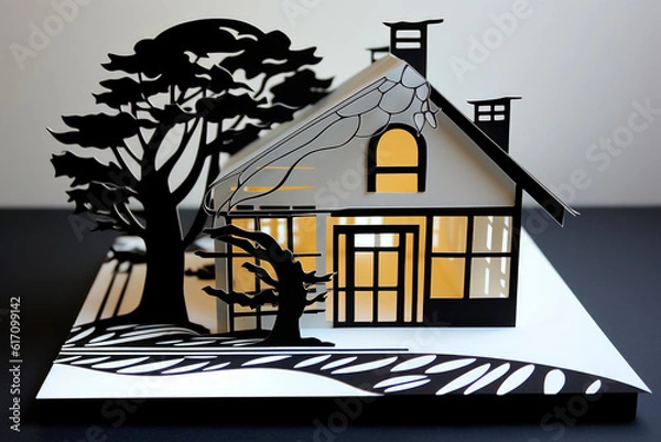 Fototapeta A paper-cut image of a solar panel integrated into a house, symbolizing the use of renewable energy for a sustainable future.. Generative AI Art Illustration	