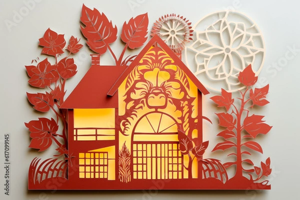 Obraz Solar Harmony: A Paper-Cut Image of a House with Integrated Solar Panels. Generative AI Art Illustration	