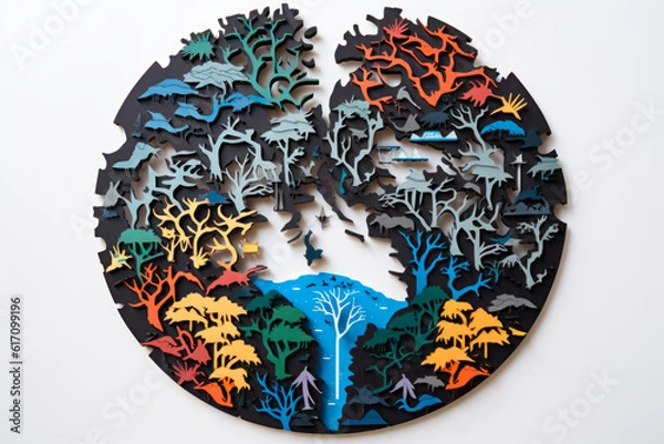 Fototapeta Safeguarding Our World: A Paper-Cut Image of Interlocking Puzzle Pieces Emphasizing Conservation. Generative AI Art Illustration	