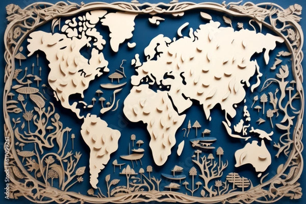 Fototapeta Earth's Puzzle: A Paper-Cut Image of Interconnected Pieces Uniting for Conservation. Generative AI Art Illustration	
