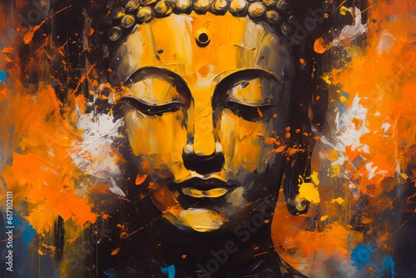 Fototapeta Oil painting Buddha face with abstract texture on background. Generative ai wall painting, meditation and art concept.
