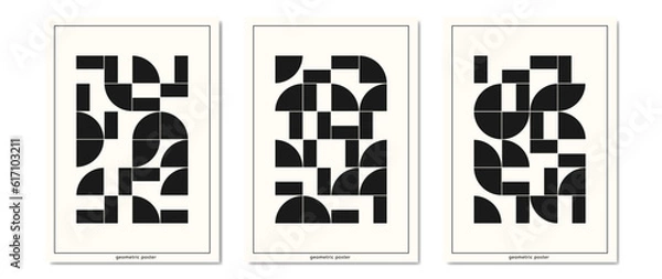 Fototapeta Set of posters in postmodern style with abstract geometric shape. Bauhas design with simple shape, black elements, for web background, poster design, print, cover.