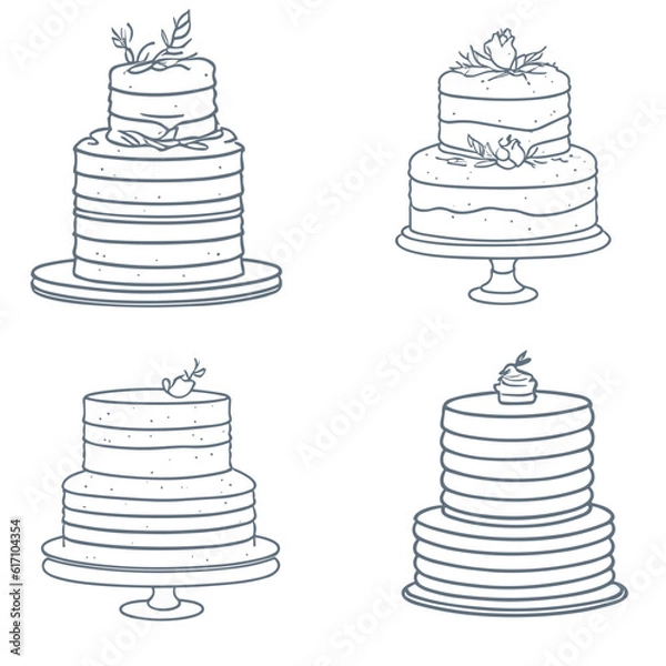 Fototapeta Set of cakes, trendy sketch, line icon. Vector illustration. Collection of cakes for a pastry shop. Birthday cake. Wedding cake White background.