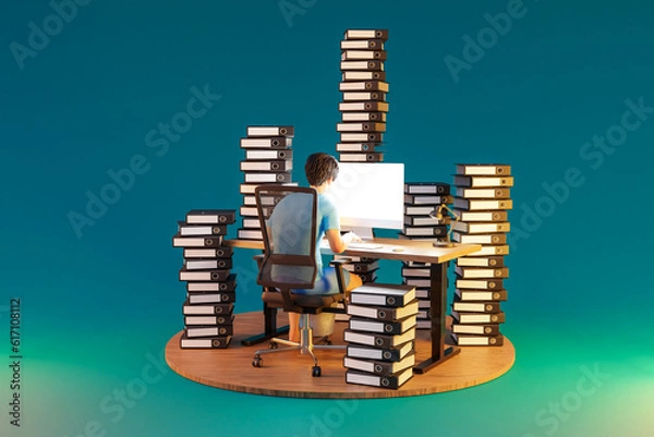 Fototapeta man sitting at pc office workplace on infinite background with stacks of document binders; workload stress burnout concept; 3D Illustration