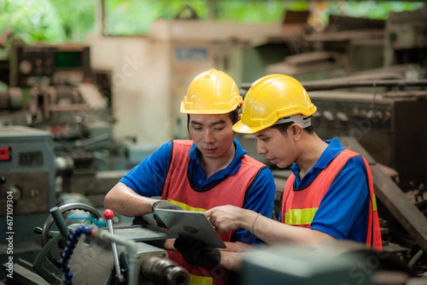 Obraz Two young asian male technicians wearing safety uniform workwear, helmets, vest and gloves are Working on a metal lathe and inspecting parts intently In industrial plants.