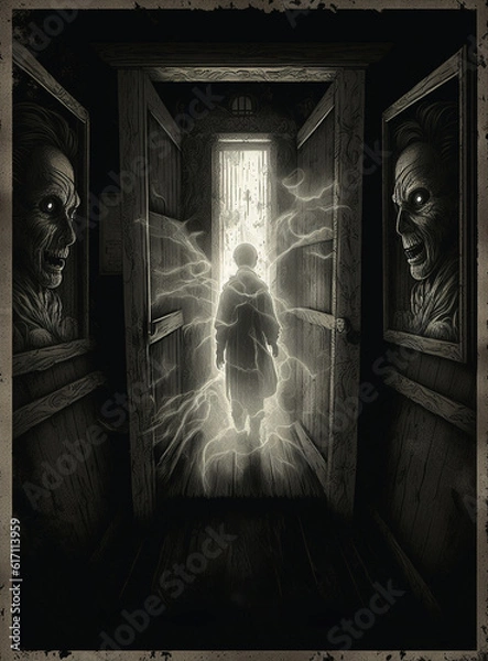 Obraz Scary ghost monsters in wall and silhouette in corridor of spooky house for paranormal poster. Frightening creepy Halloween. Generative AI