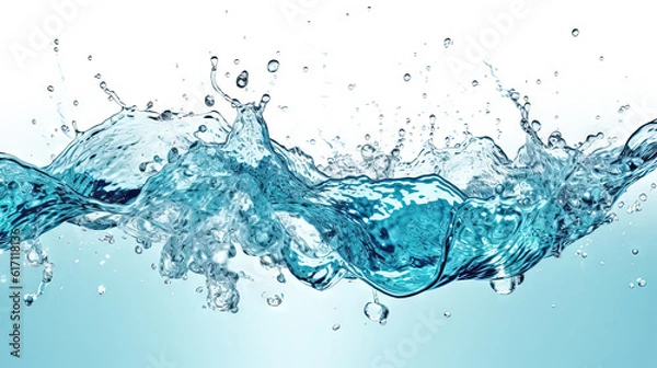 Obraz Blue water splash on white background. Liquid drips scattered. Generated AI.