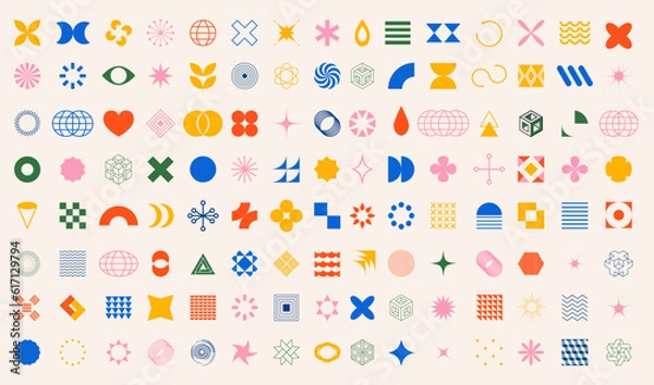 Fototapeta Abstract geometric shapes, brutalism forms, memphis geometric elements. Trendy minimalist basic figures, stars, lines and circles, modern graphic design element vector set.