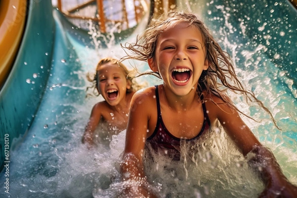Fototapeta Happy kids splashing into a waterslide at aqua park for summer vacation. Generative ai illustration of summer fun vacation