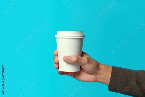 Fototapeta Hand holding coffee cup, blue background, digital illustration. Generative AI