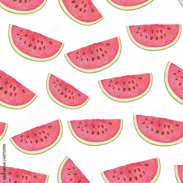 Fototapeta Watermelon slice seamless pattern. Drawn with colored pencils. Watermelon background. Seamless pattern with watermelons slices. Summer fruit.