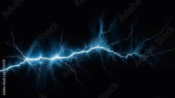 Fototapeta A powerful light blue lightning electrical strike or bolt on a black background