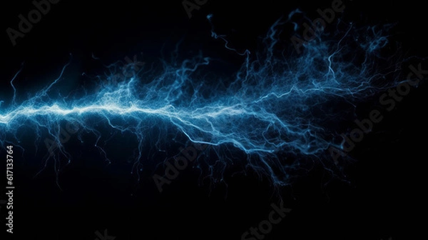 Fototapeta A powerful light blue lightning electrical strike or bolt on a black background
