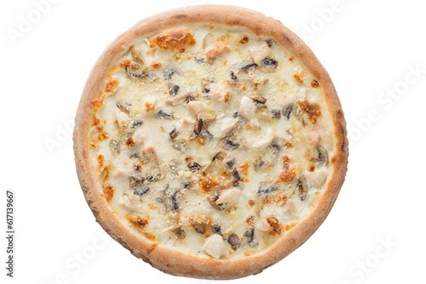 Fototapeta Pizza with mushrooms and chicken with white cream sauce and melted cheese. View from above