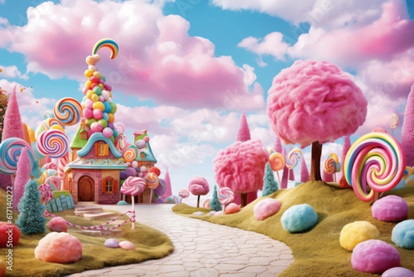 Fototapeta Candy town, lollipop trees. Sweets background. Child Birthday party poster or postcard template. Illustration Candy land town with blue sky and marshmallow clouds.